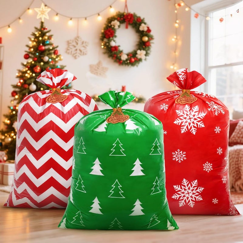 Sofier 3pcs Large Christmas Gift Bags, 36"x44" Holiday Gift Wrap Jumbo Christmas Sacks for Gifts Giant Presents Big Xmas Plastic Bags(Snowflake+Zigzag+Tree) - Image 4